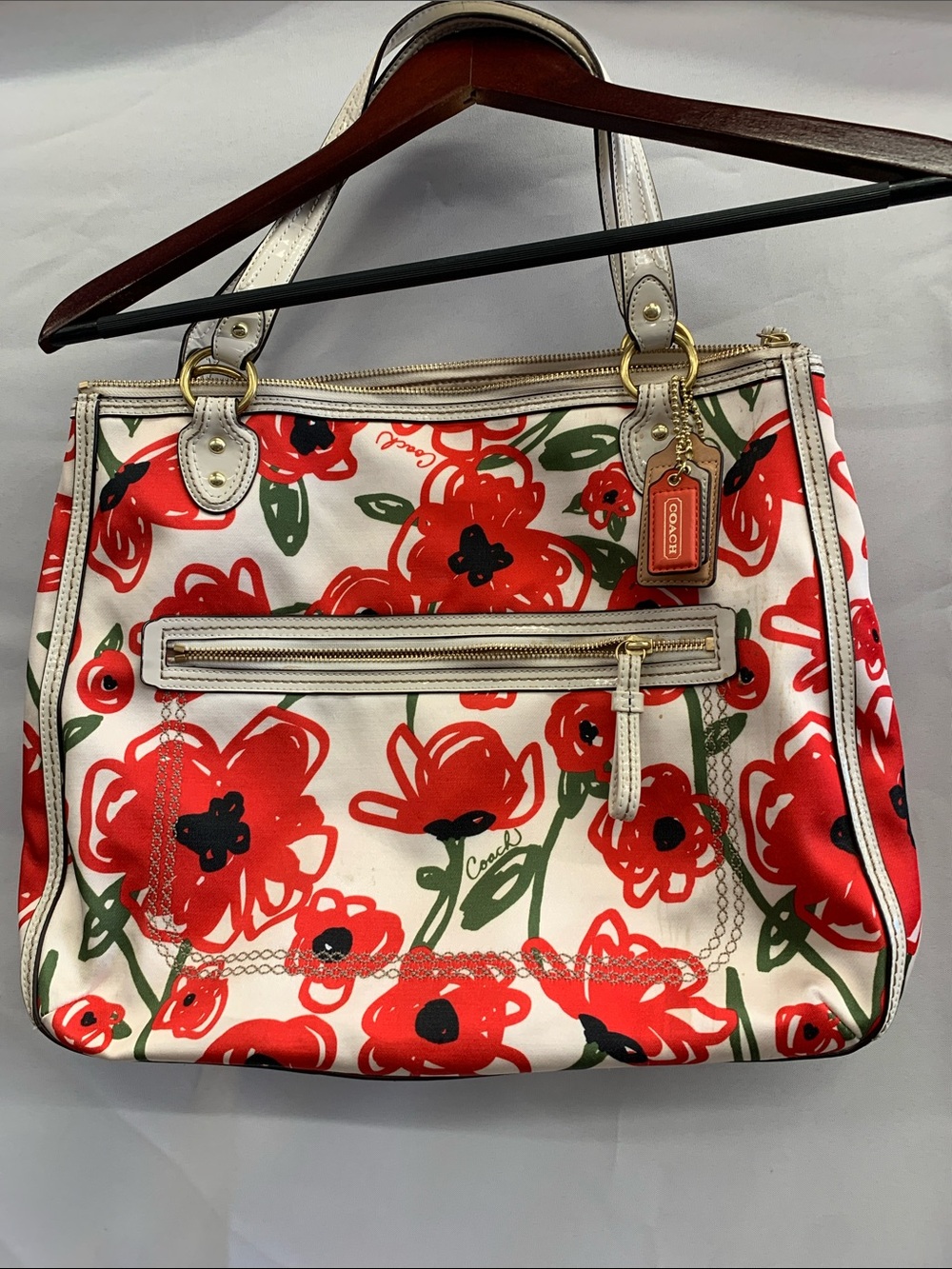 Coach Red Floral Canvas Shoulder Bag with Cream Trim